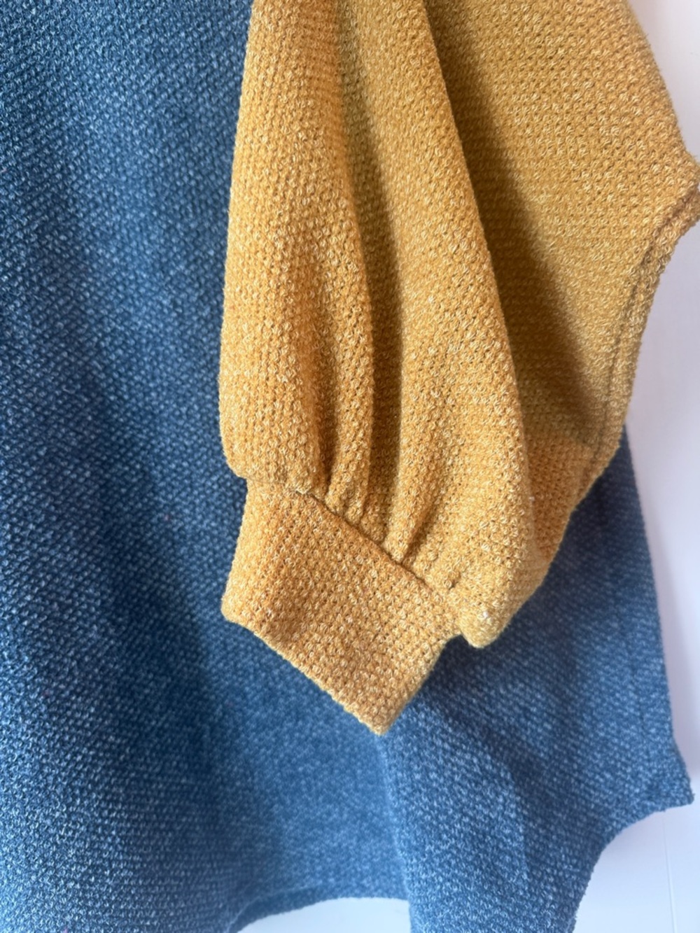 BiBi Blue Scoop Neck Colorblock Lightweight Sweater with Cream & Mustard Sleeves - Picture 4 of 6